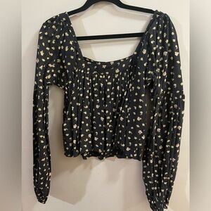 Billabong Navy and Yellow Long Sleeve Floral Cold Shoulder Crop Top